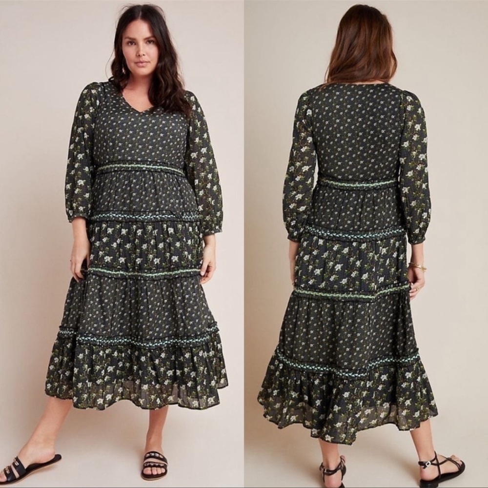 Anthropologie Black floral Tiered Maxi dress in size 10 New with tags - Picture 2 of 15